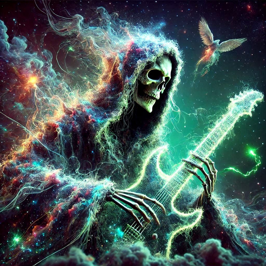 grim reaper playing electrical guitar in the clouds