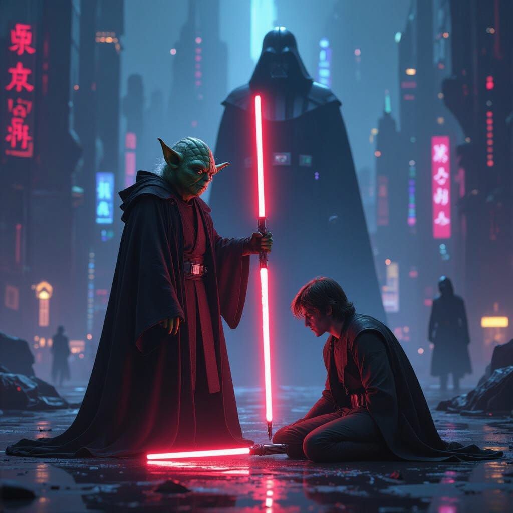 Epic movie-poster style image of evil Yoda triumphing over Luke Skywalker.