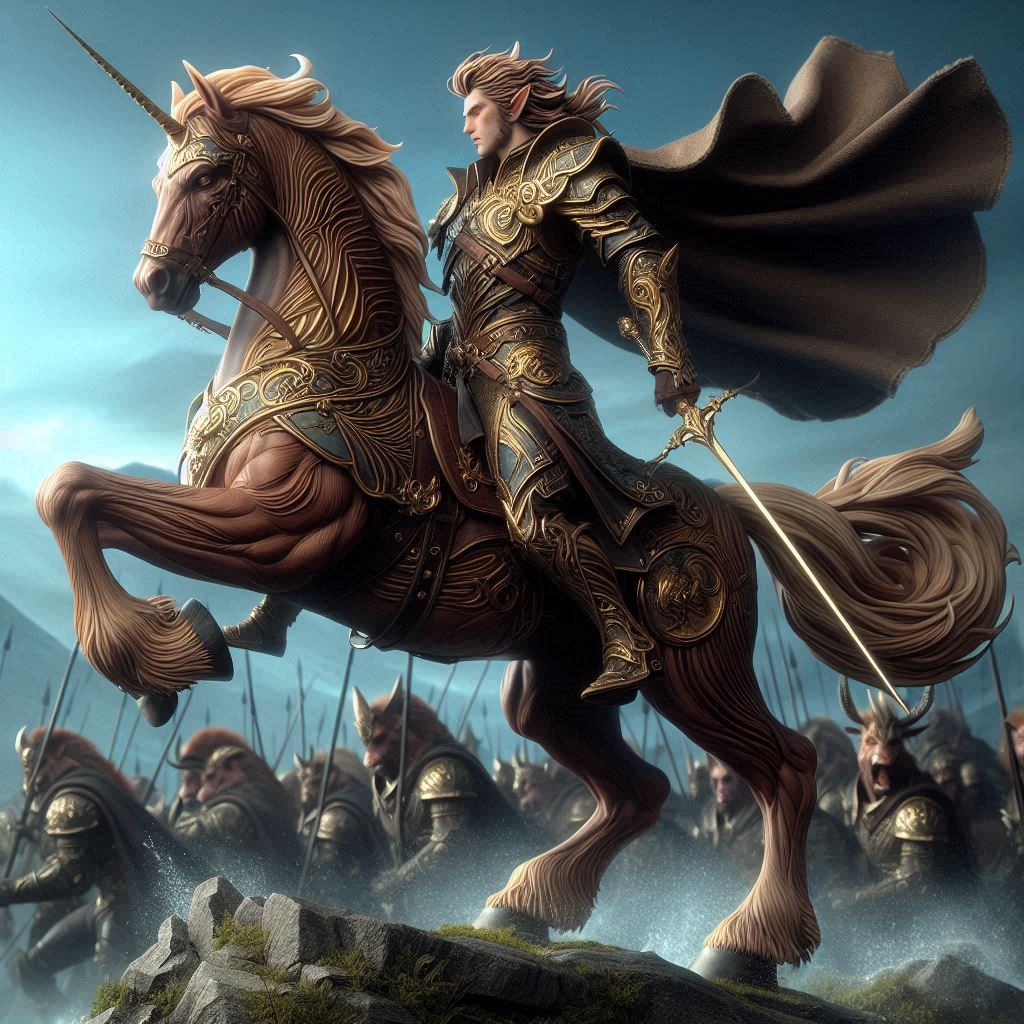 A majestic human and horse standing in a hill-top, battle-ready 3