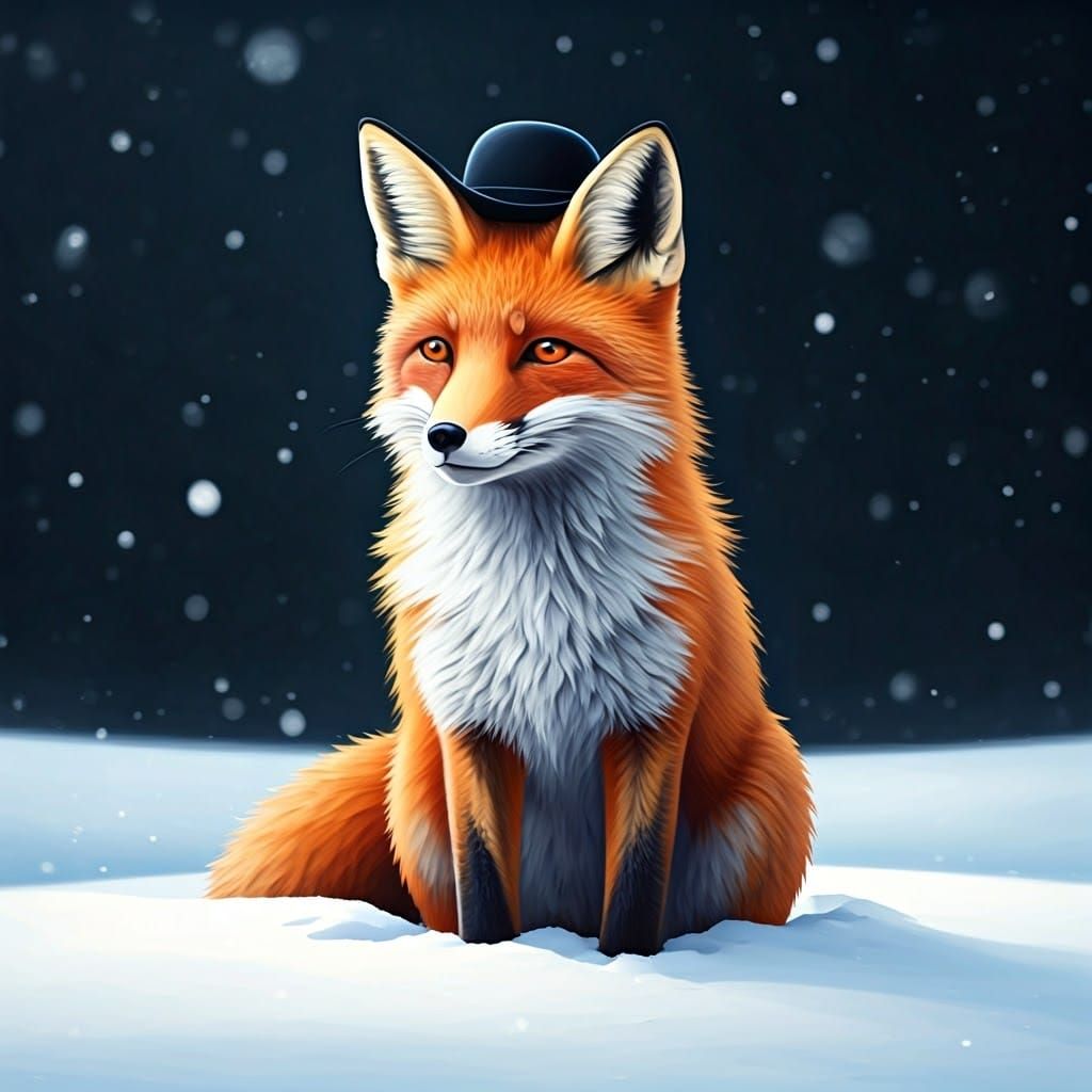 Wise Fox in Jewish Streimel Hat Standing in Snowy Landscape