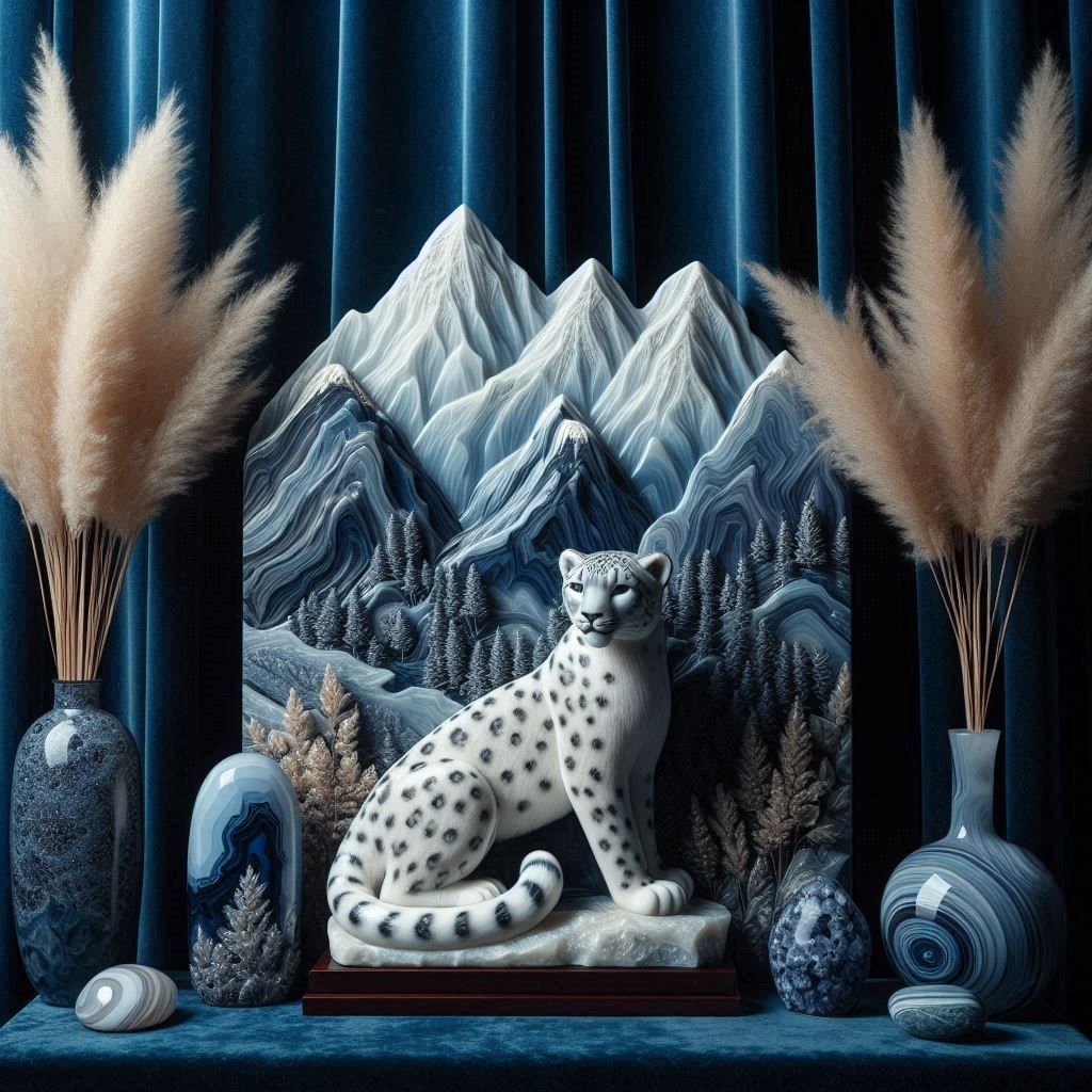 Snow Leopard - white moon stone / Mountains - Blue Lace Agat...