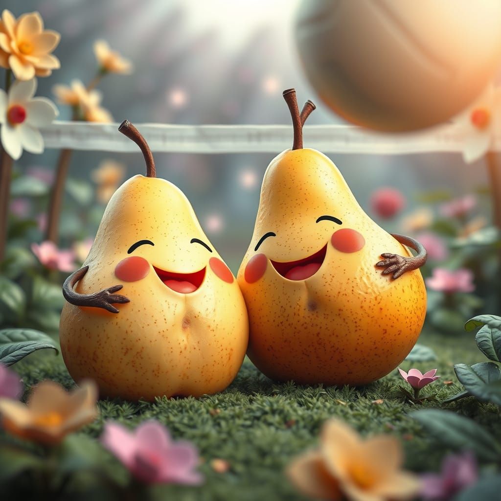 Surreal close-up image of two pears with smiling lips playing volleyball in a dreamy garden with heavenly plants. Digital art