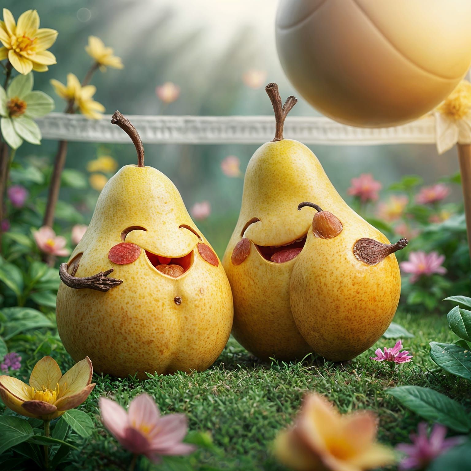 Surreal close-up image of two pears with smiling lips playing volleyball in a dreamy garden with heavenly ...  by @Kh-nagsh