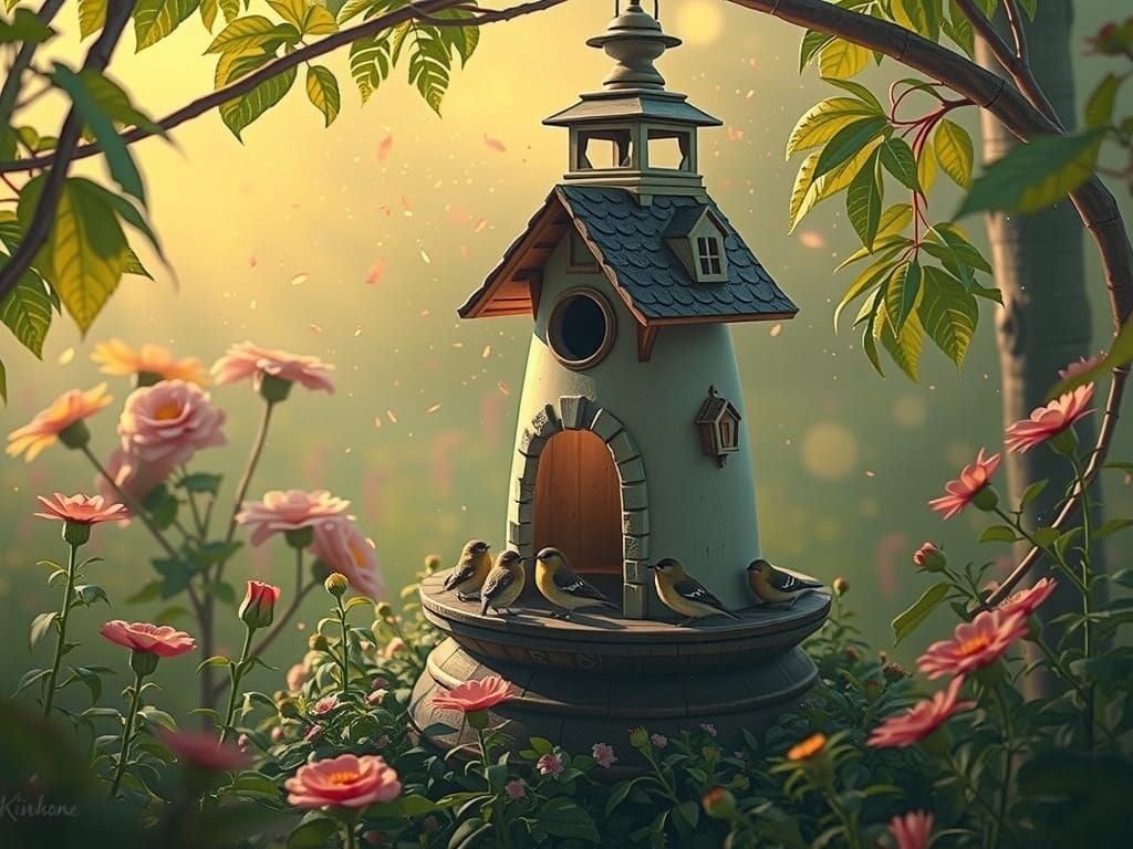 A realistic depiction of tiny birds chirping from a lighthouse-shaped birdhouse nestled in a vibrant ...  by @LTSings