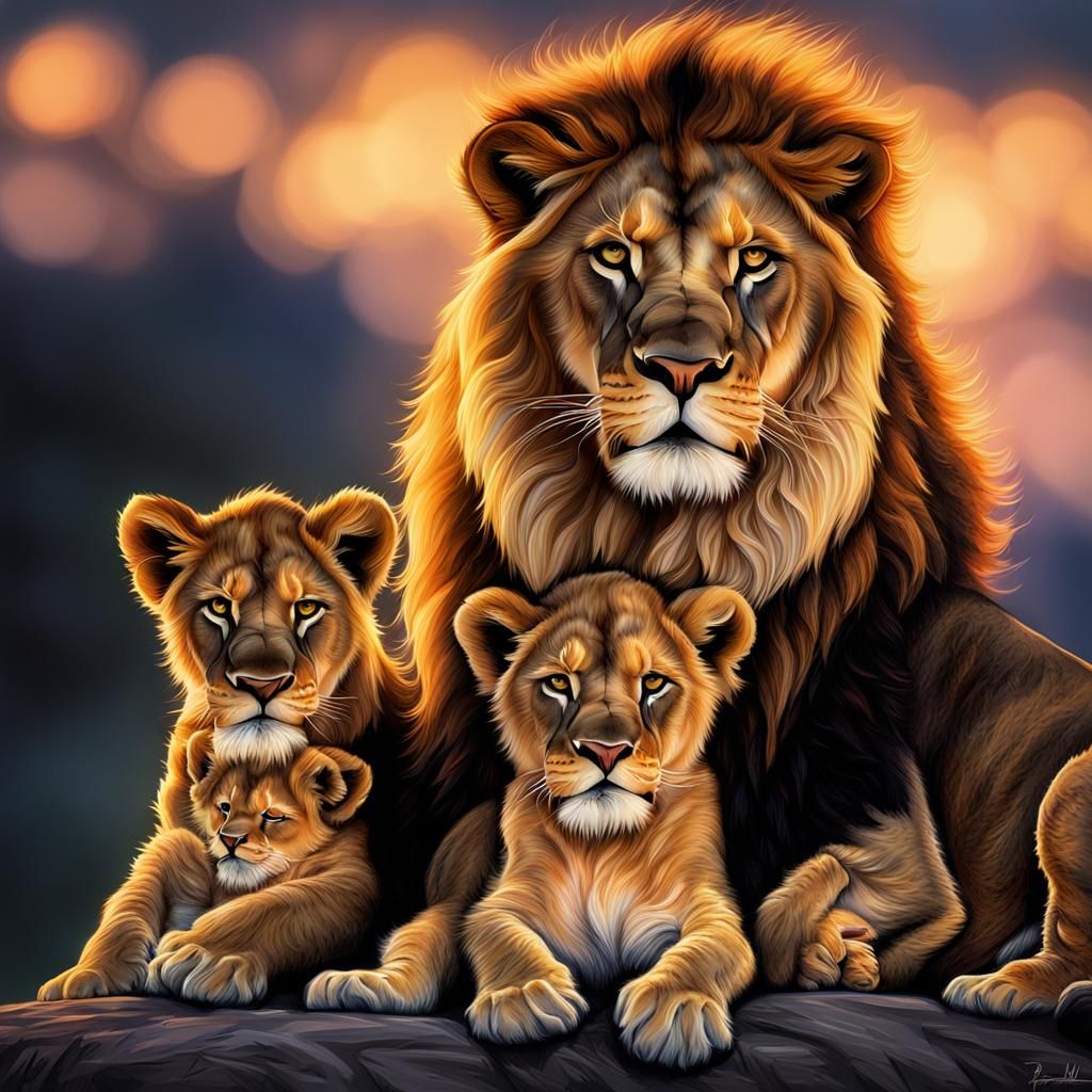 Majestic Lion Family in Golden Light