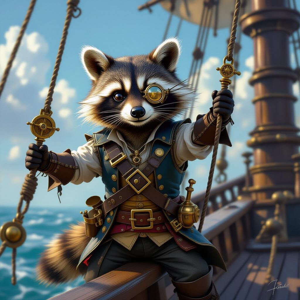Steampunk Raccoon Pirate on Clockwork Galleon