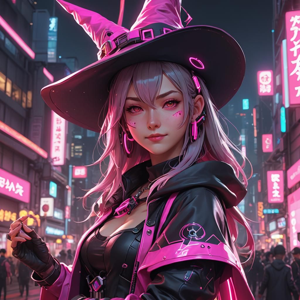 cute cyberpunk witch, witches hat, small smile, neon pink