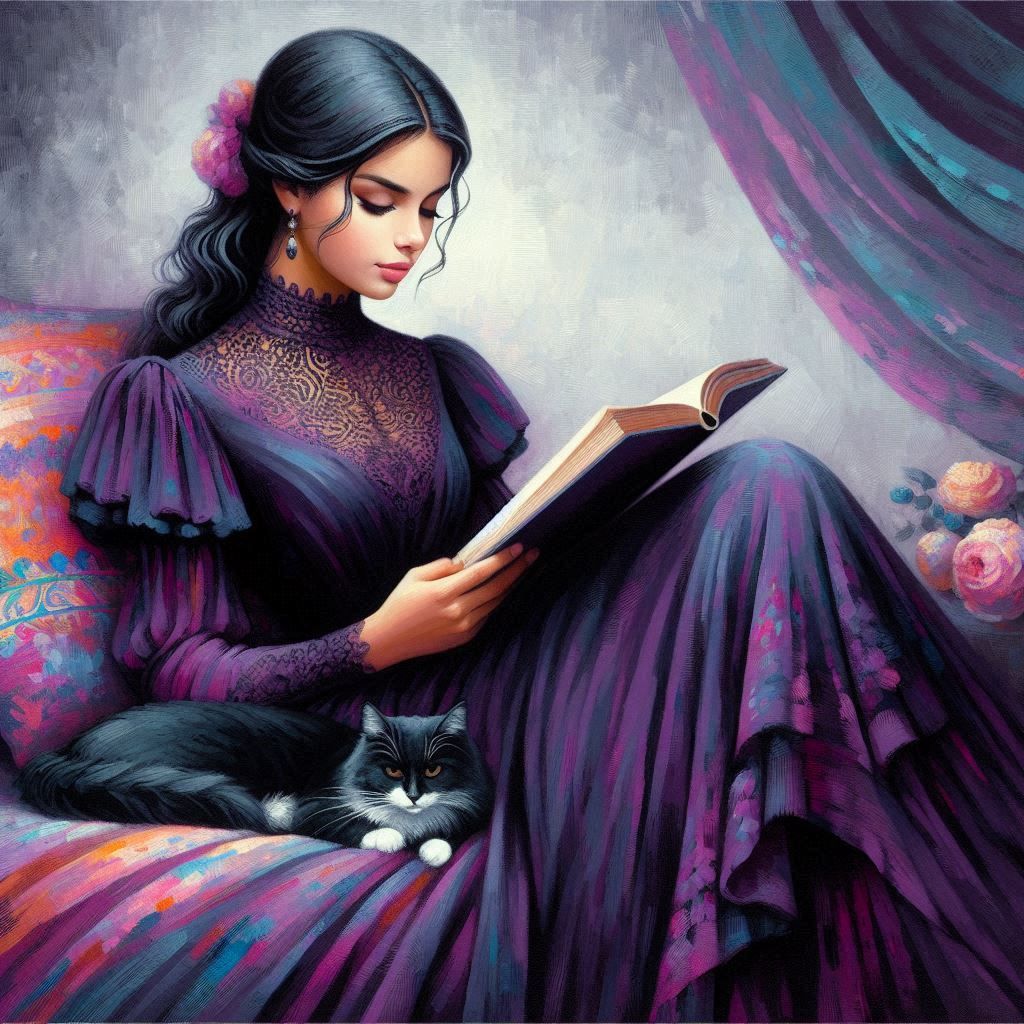 reading a book with my cat nearby.