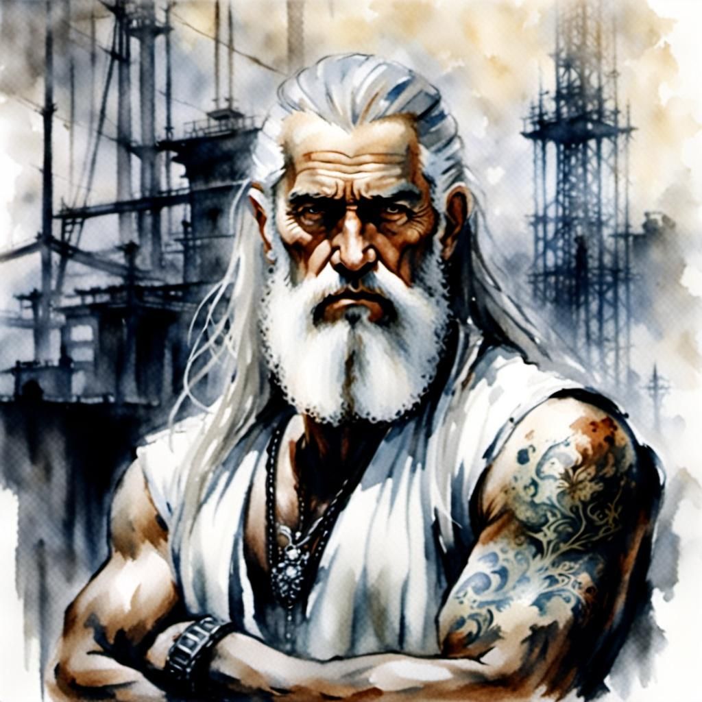 Luis Royo watercolor sketch: Close-up portrait of an older m...