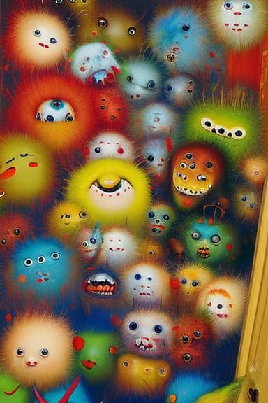Friendly smiling floofy Cute Monsters hiding in the closet b...