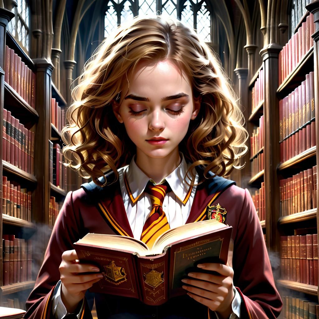 Hermione Granger with a Book in the Hogwarts Library - AI Generated ...