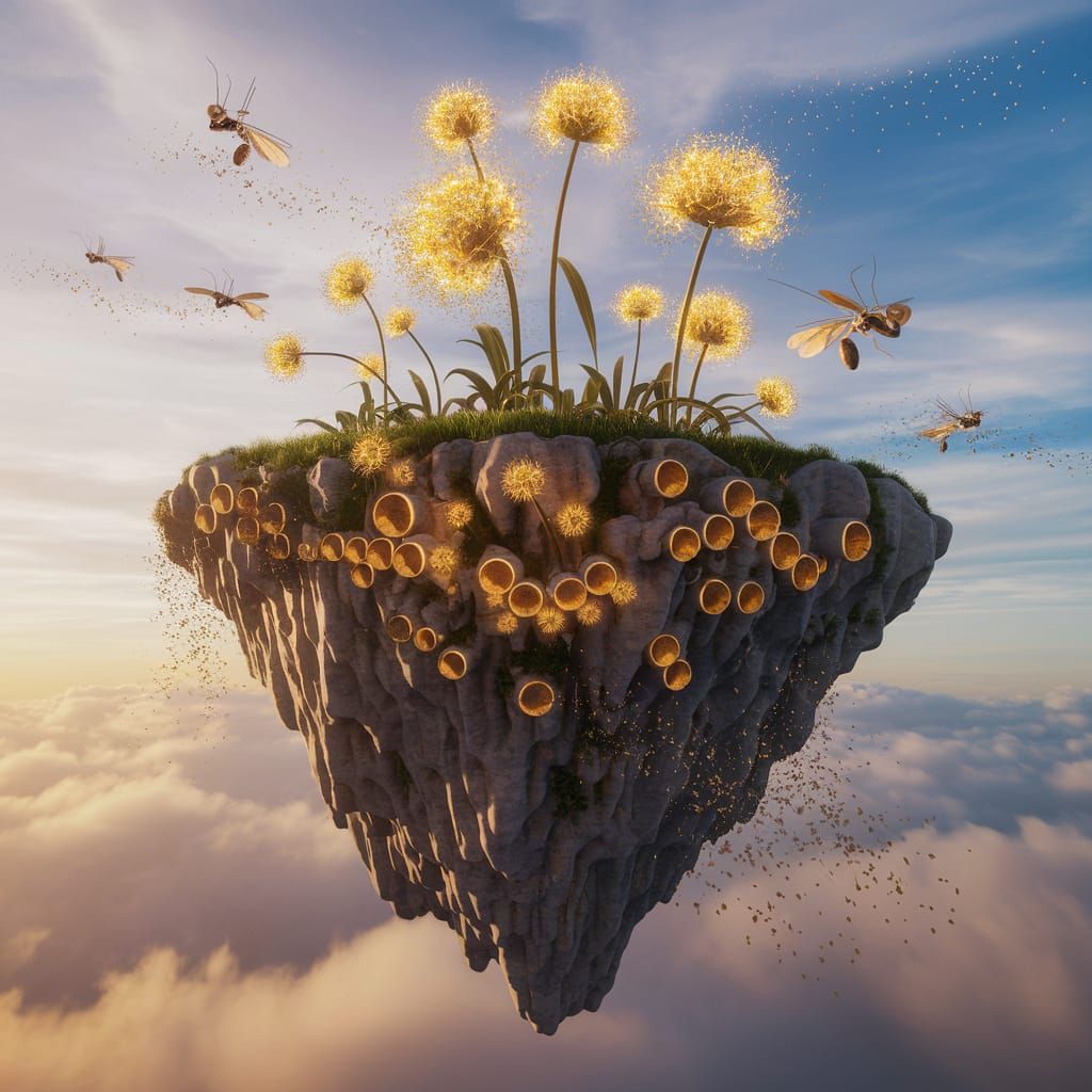 A massive floating island in the sky, shaped like a colossal anthill, its rocky surface riddled with countless tunnels and openings glowing ...