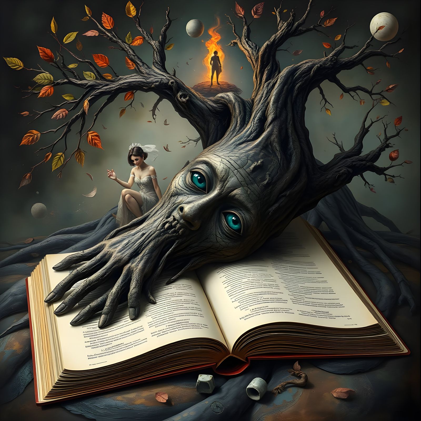 Surrealist Tree Face Portrait in a Book