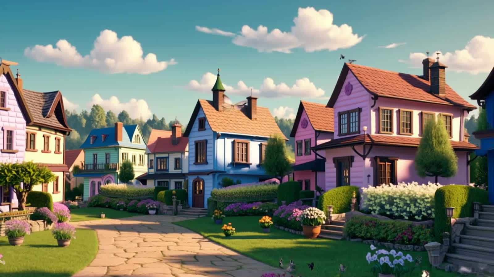 A vibrant and whimsical village scene at daytime, filled with charming, colorful houses in shades of pastel pinks, blues...