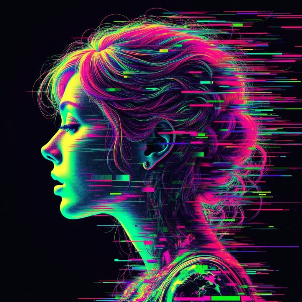 <lora:Glitches:1.0> <lora:Glitched Flux:1.0> Retrato glitch  by @Rosa Maria Balbas Prieto