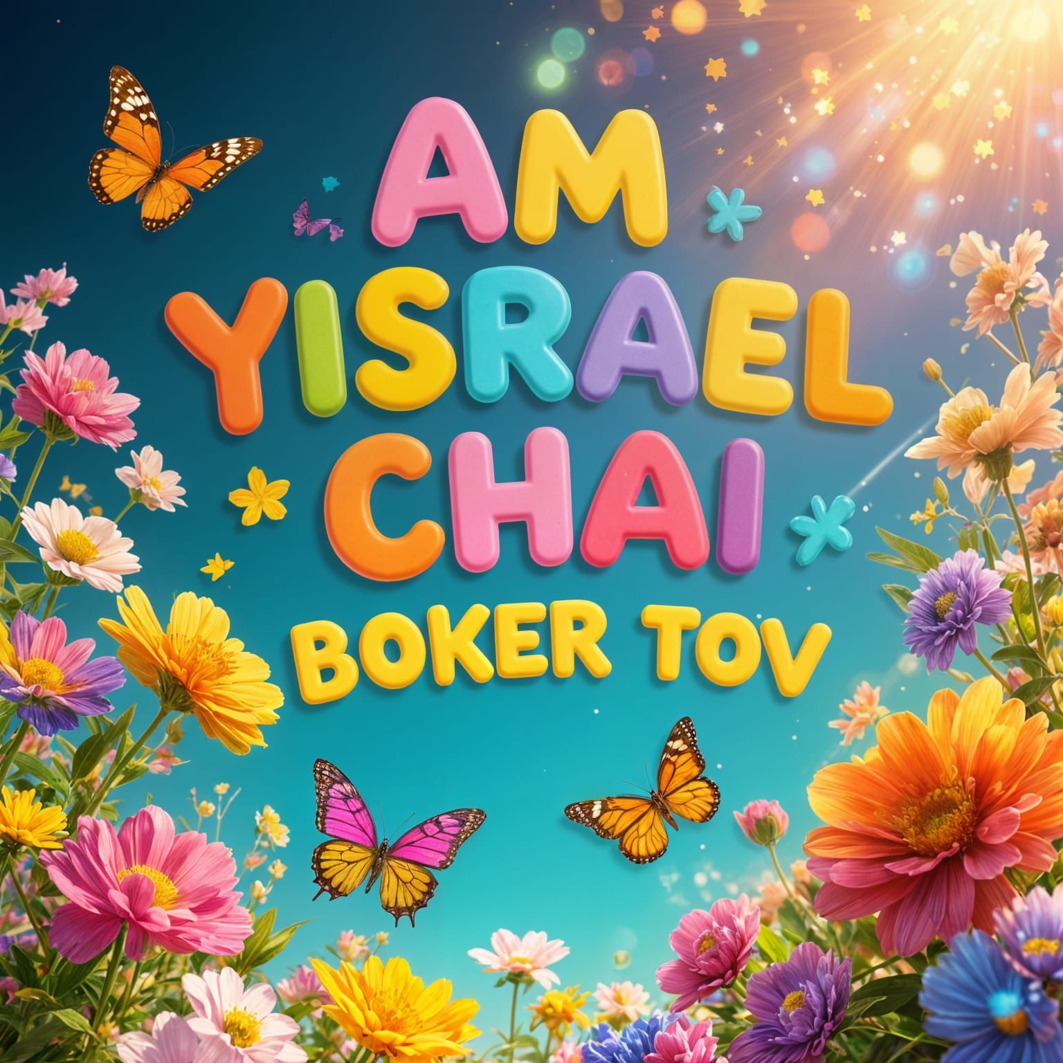 Vibrant Hebrew Greeting with Flowers and Butterflies