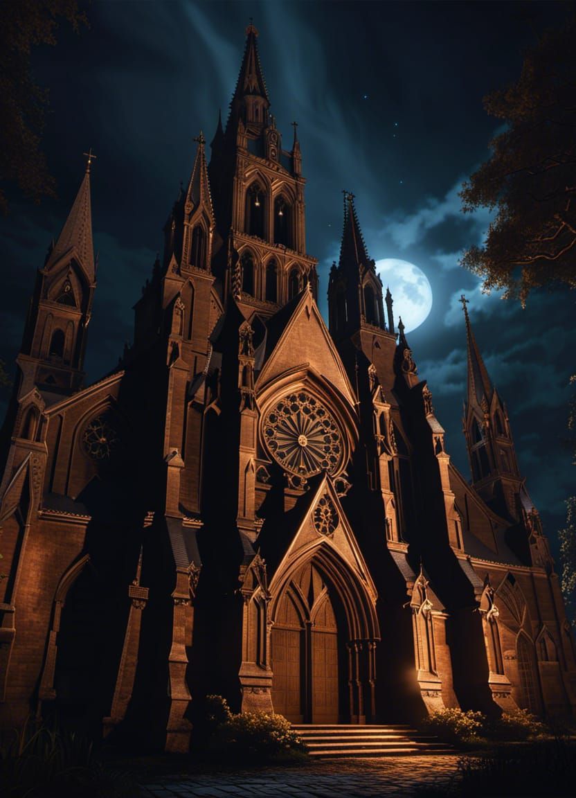 Spooky gothic church at night