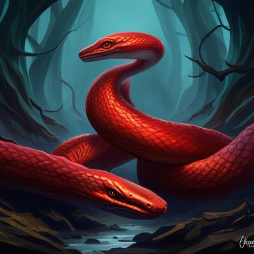 Red snakes with infinite tails. - AI Generated Artwork - NightCafe Creator