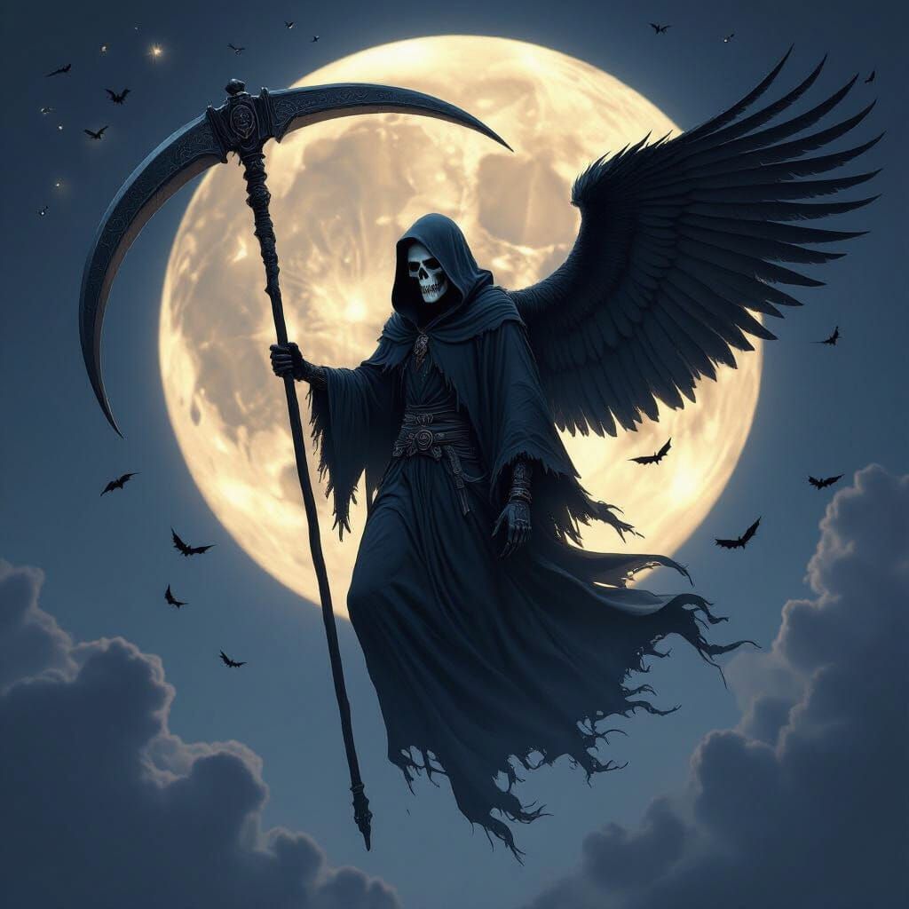 the grim reaper in tattered black cloak with the hood up but with his skull fully visible with a ghastly smile holding his scythe with the t...
