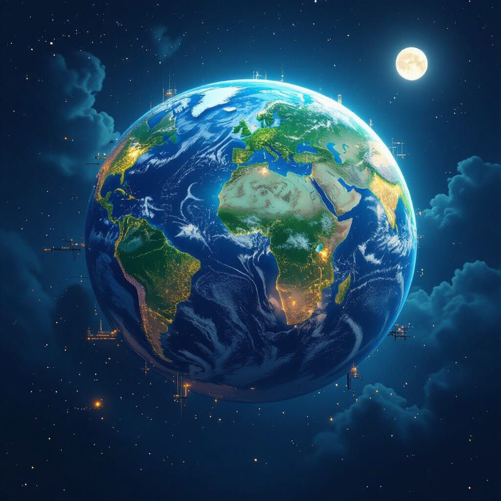 Earth in Space, Illuminated by City Lights and Moonlight