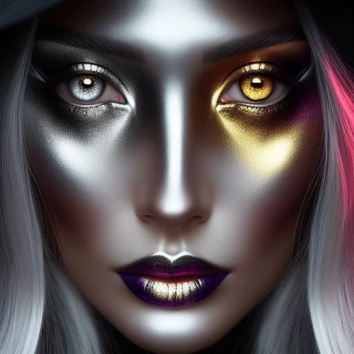 Heterochromia, <lora:SapphHeterochromia:1.0> one gold eye and one silver eye, woman, witch, beautiful, hyperrealistic, photography, portrait...