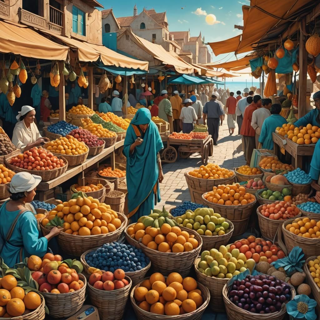 Bustling Seaside Fruit Market in Vibrant Fantasy Art