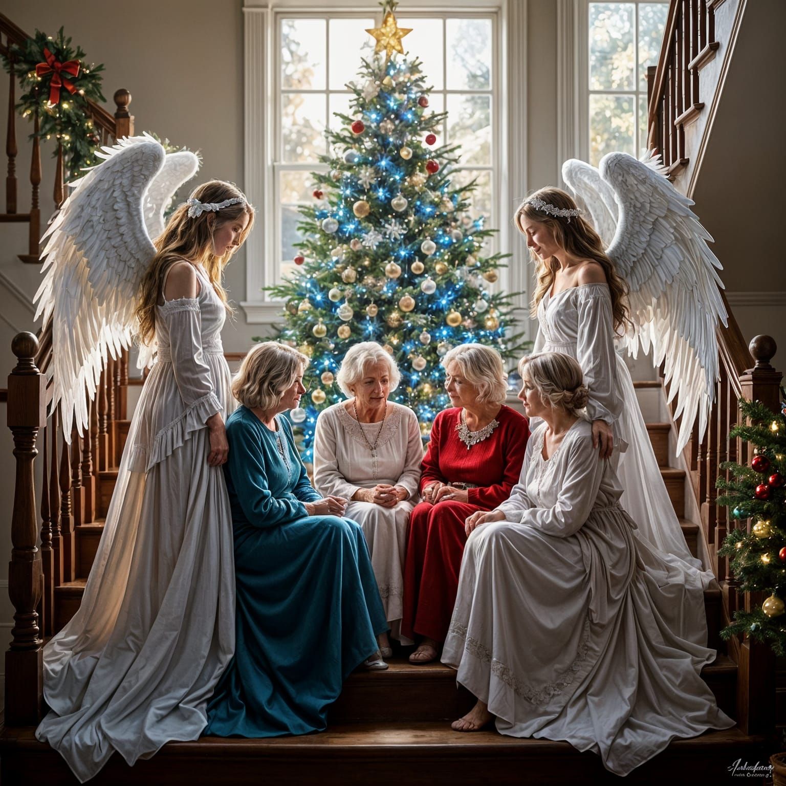 2 Realistic angels watching over five elders sisters sitting on living room stairs looking down at Christmas tree glowing with soft blue lig...