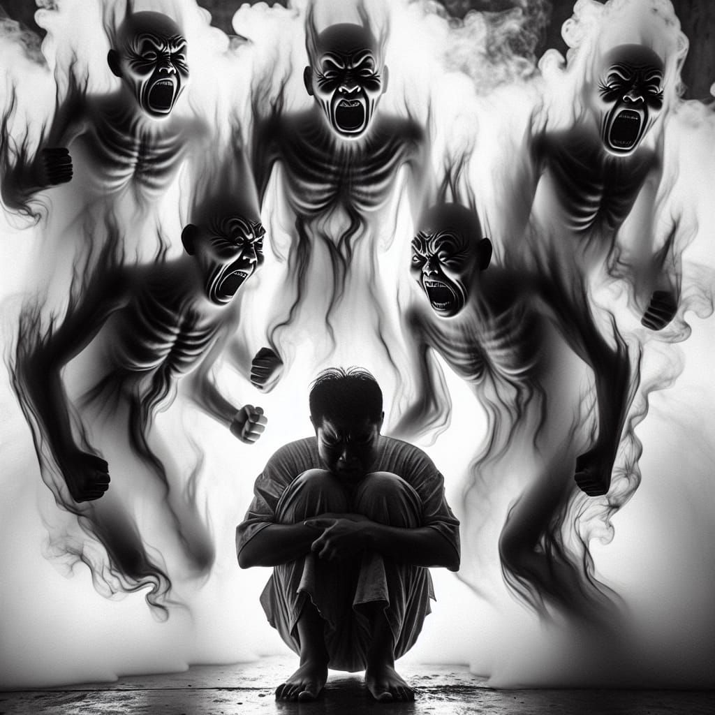 A black and white  photo of glowing, dark, sharped from smok...