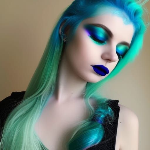 Ethereal young lady with iridescent blue hair with Green highlights ...