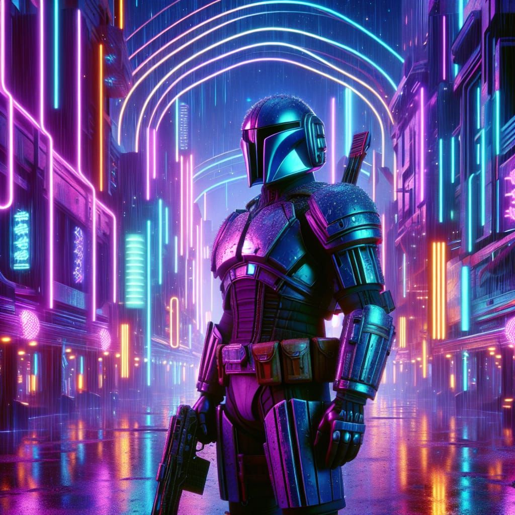 Intergalactic Bounty Hunter in Synthwave City