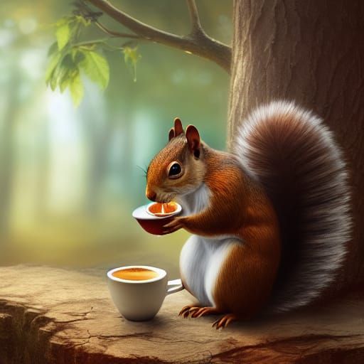 A squirrel drinking coffee