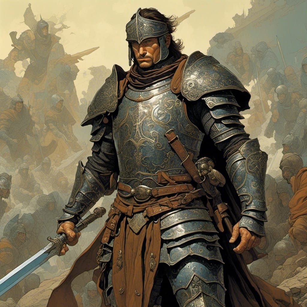 <lora:MObius:1.0> A valiant warrior in dark leather armor, highly detailed professional illustration 