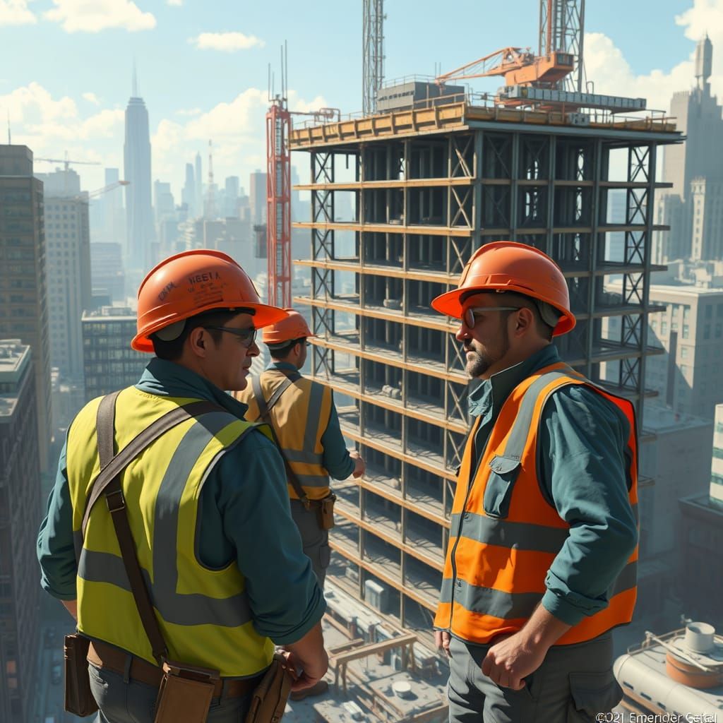 Men Construct Futuristic Building in Bustling Cityscape