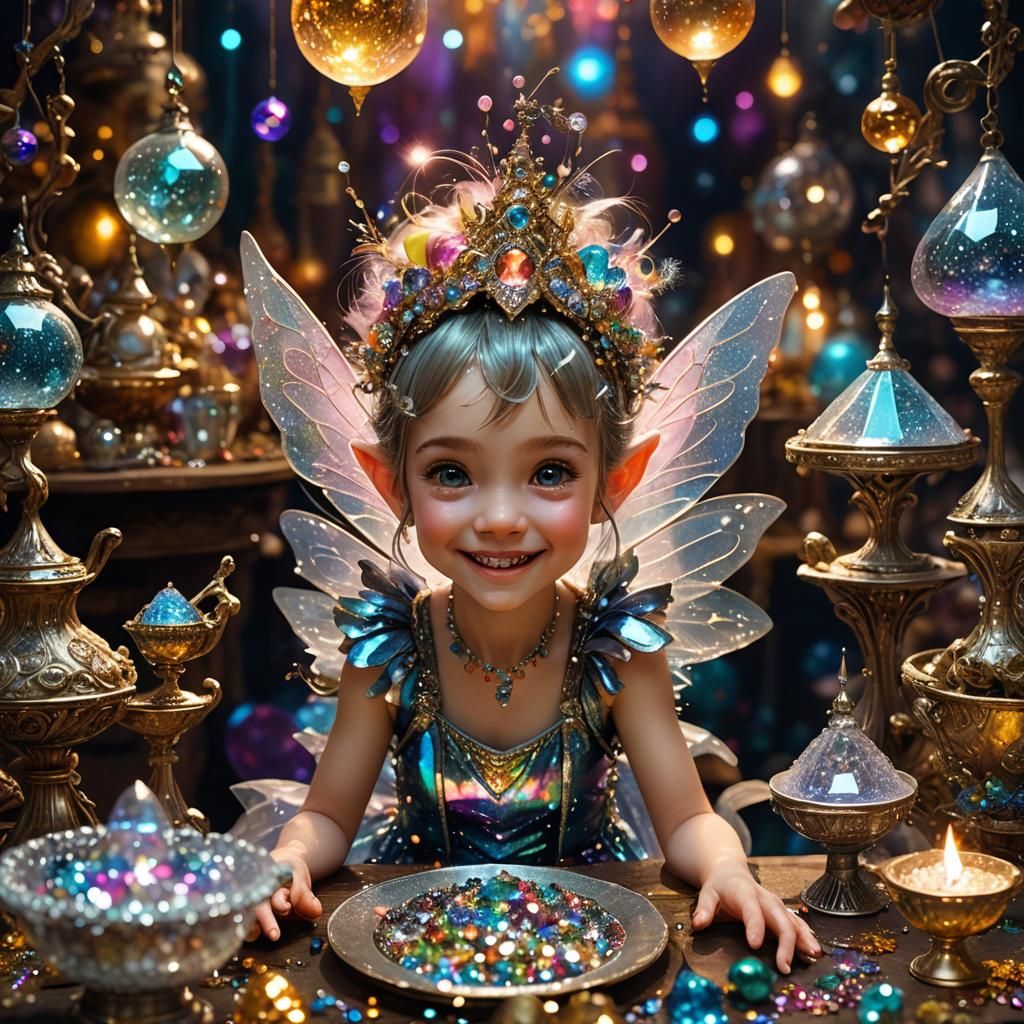 "Portrait of a tiny laughing glitter fairy pixie on wizard's...