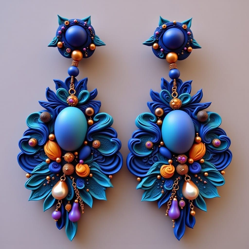 <lora:Making Jewelry:1.0> Intricately crafted polymer clay earrings adorned with vibrant, bright colored beads, luminous pearls, and sparkli...
