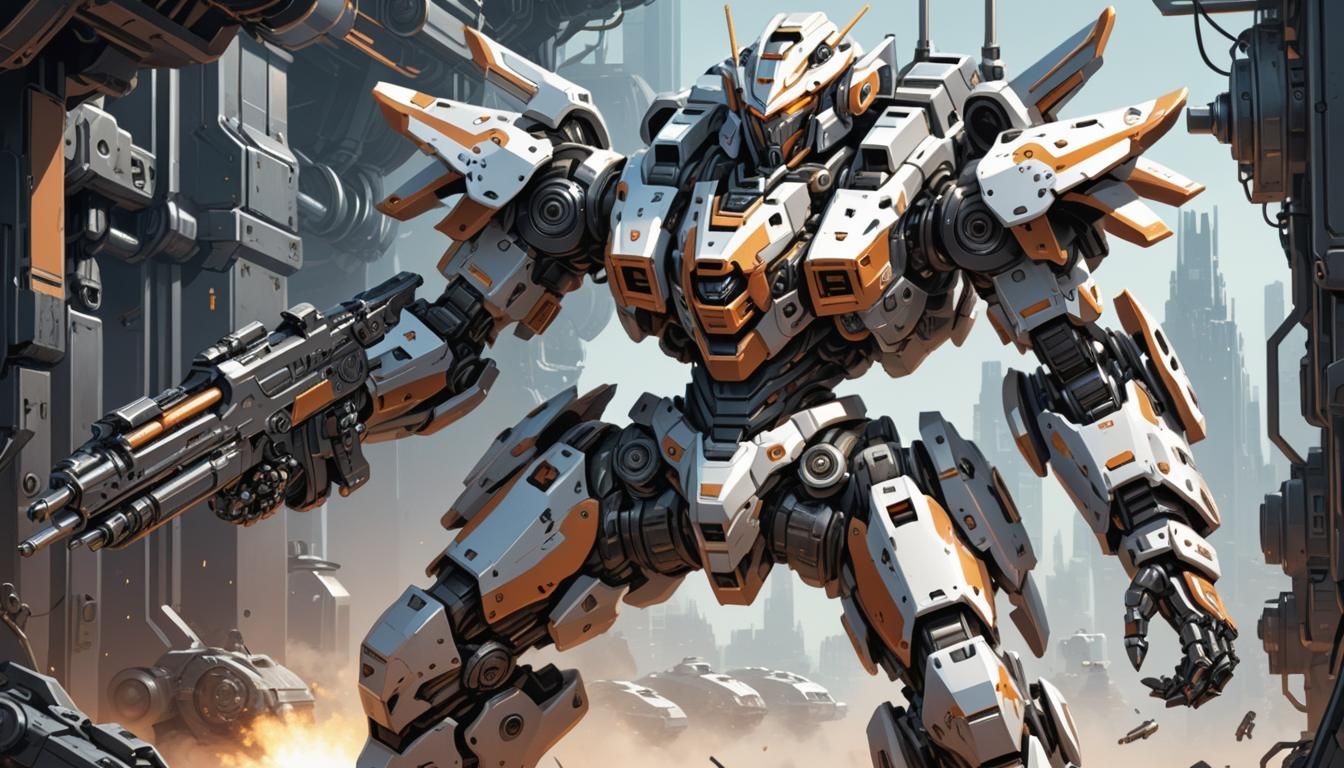 A detailed illustration of a mecha gearing up for combat, hi...