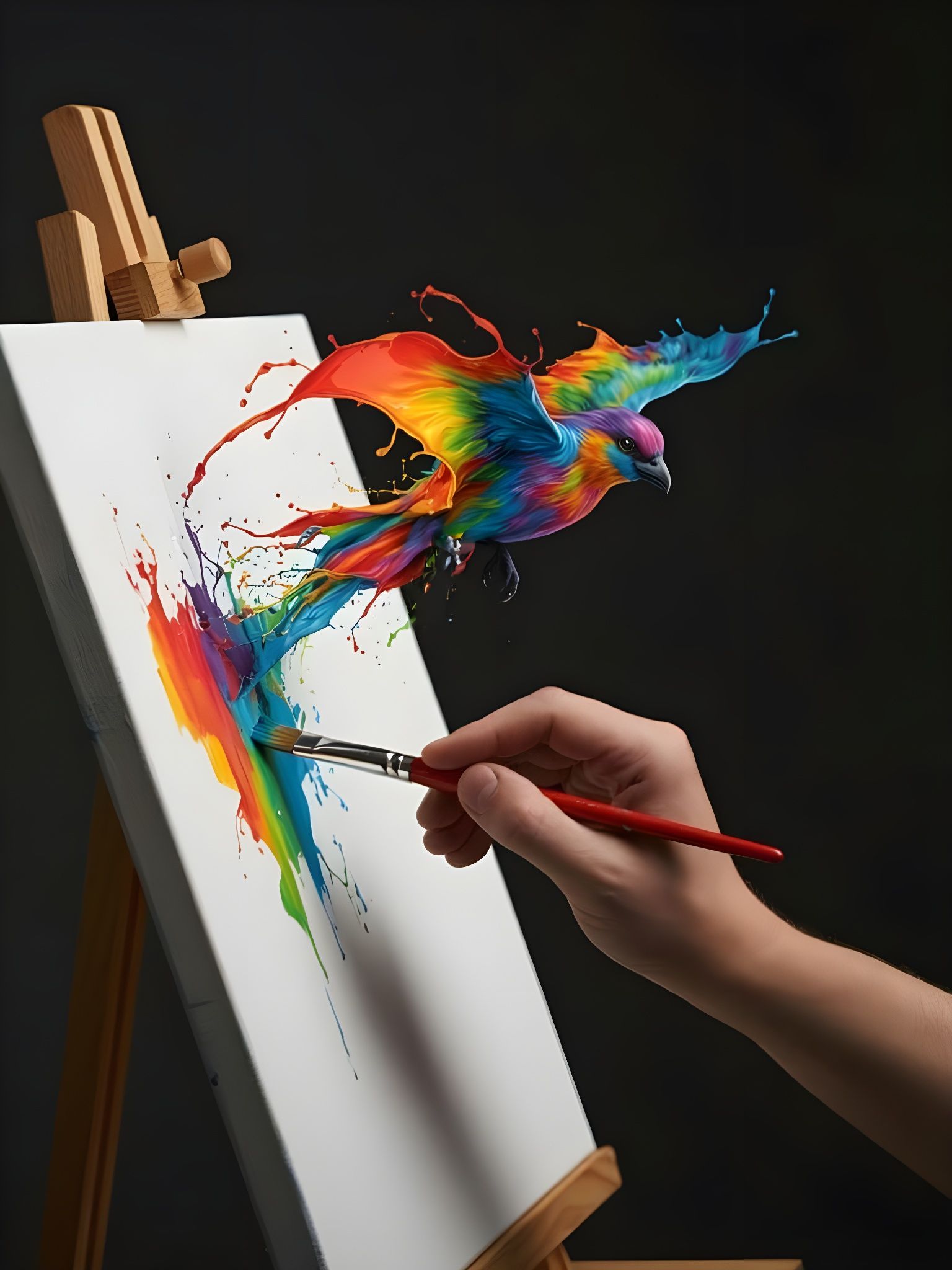 rainbow paint liquid bird flying out of canvas  by @David Myers