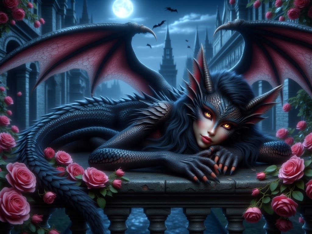 <lora:FiosFemDragons:1.0> Black Gothic FemDragon