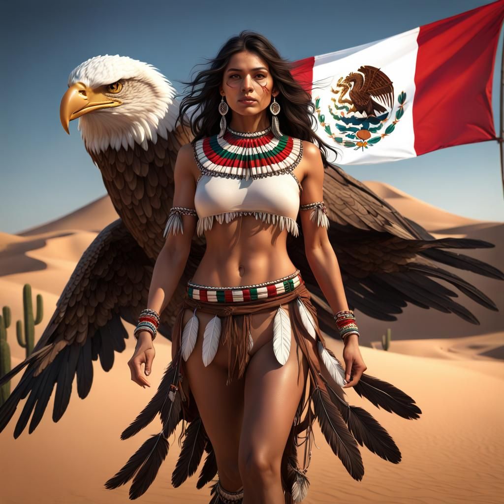 Mexican Woman with Eagle and Flag in Desert