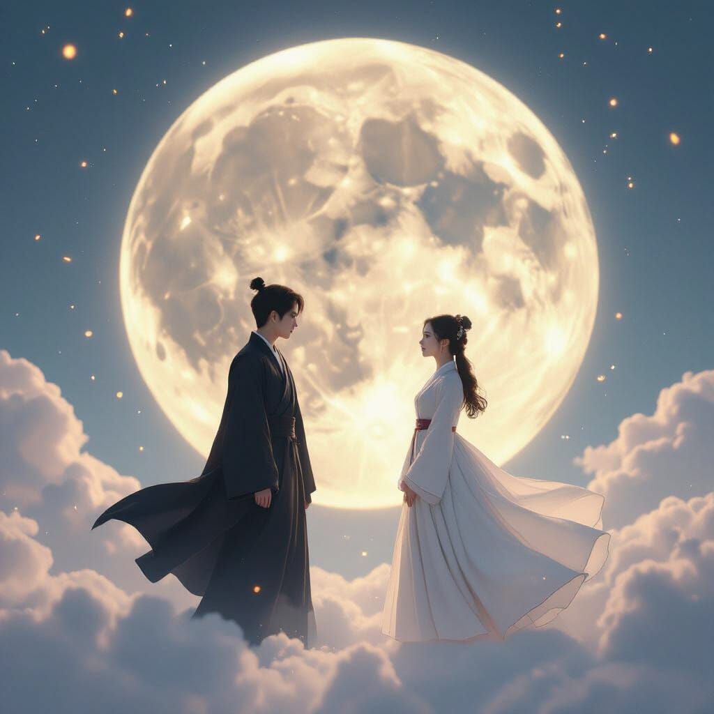**Реалистичная фэнтезийная сцена, сверхдетализированная 3D-иллюстрация.
Парень и девушка стоят на уровне огромной яркой луны, словно парят в...