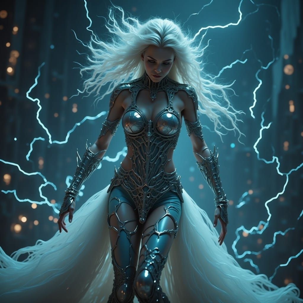 <lora:Mechanical Mesh:1.0> Close-up of Elven sorceress walking fiercely, lightning cascading down all around, sinister atmosphere background...