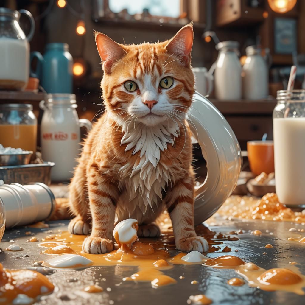 Ginger Cat Drinks Spilled Milk: Fantasy Art
