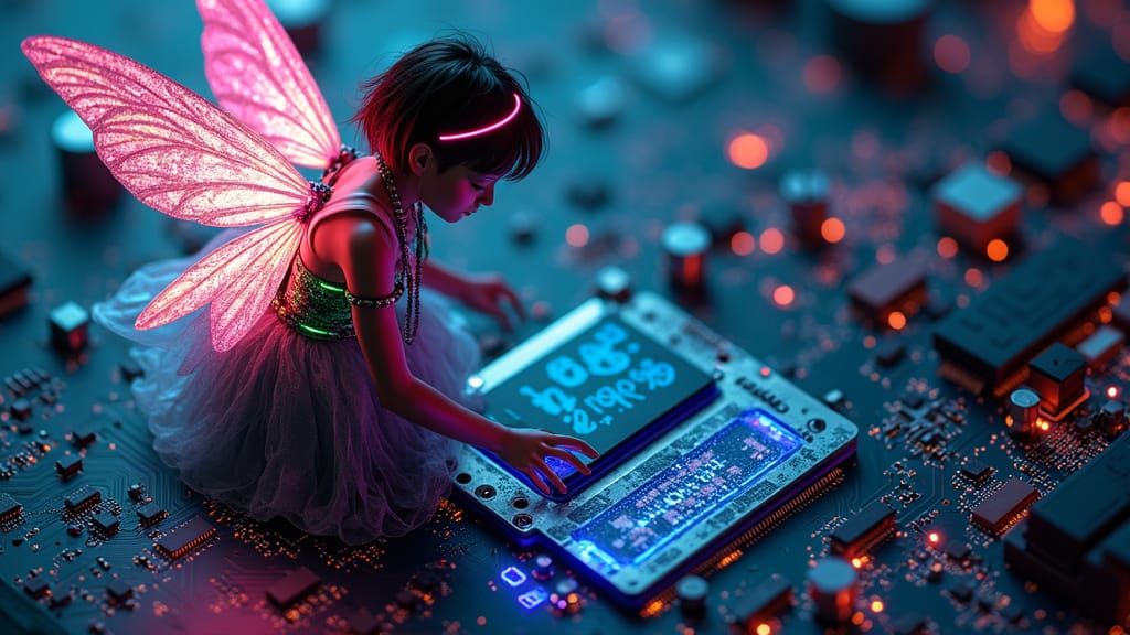 Imagine a hyperrealistic digital piece of art of a fairy inside a computer. She wears cyberpunk gear ...  by @Mikrotherion