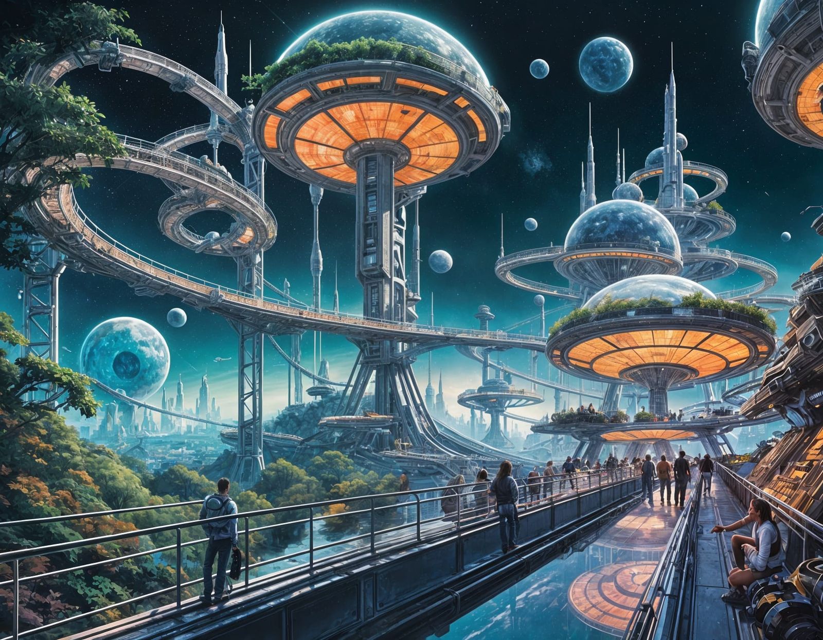 a futuristic theme park set in space, with zero-gravity attractions, a roller coaster, ...  by @Cyan Skye