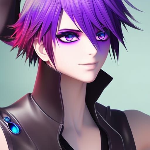 Openjourney prompt: Anime boy, Cute, Smile, Purple Hair, - PromptHero