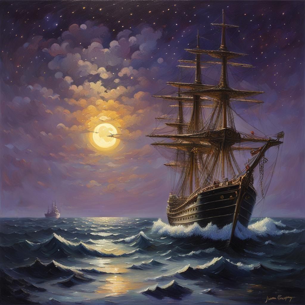 Ship on Purple Sea at Night as Oil Painting