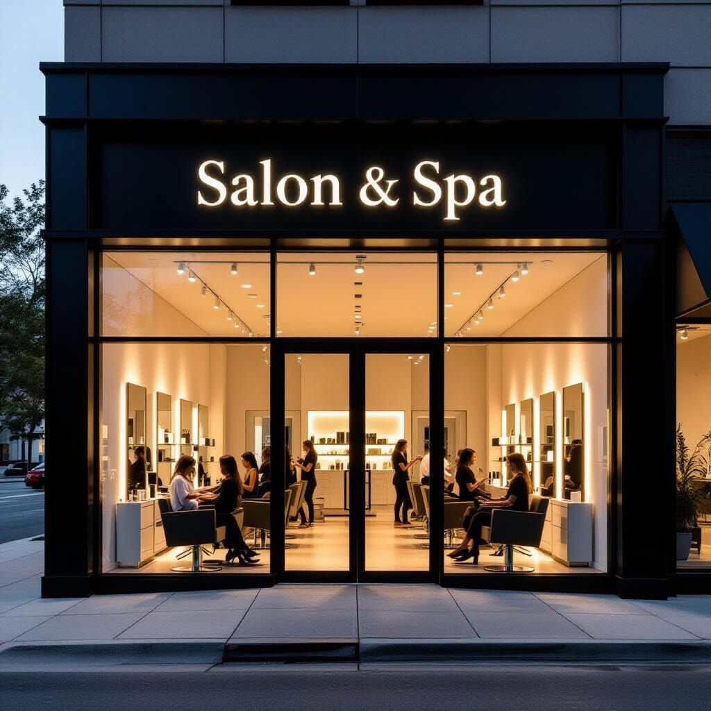 Outside view of Salon & Spa storefront with large glass windows, illuminated signage, clients visible inside receiving hair services, evenin...