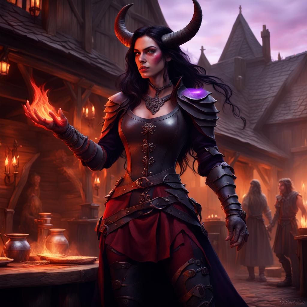 Teifling woman with red skin, long black hair, black horns, and purple ...