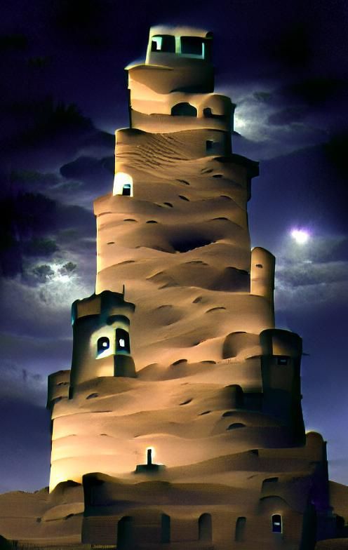 A solemn tower in the moonlit desert