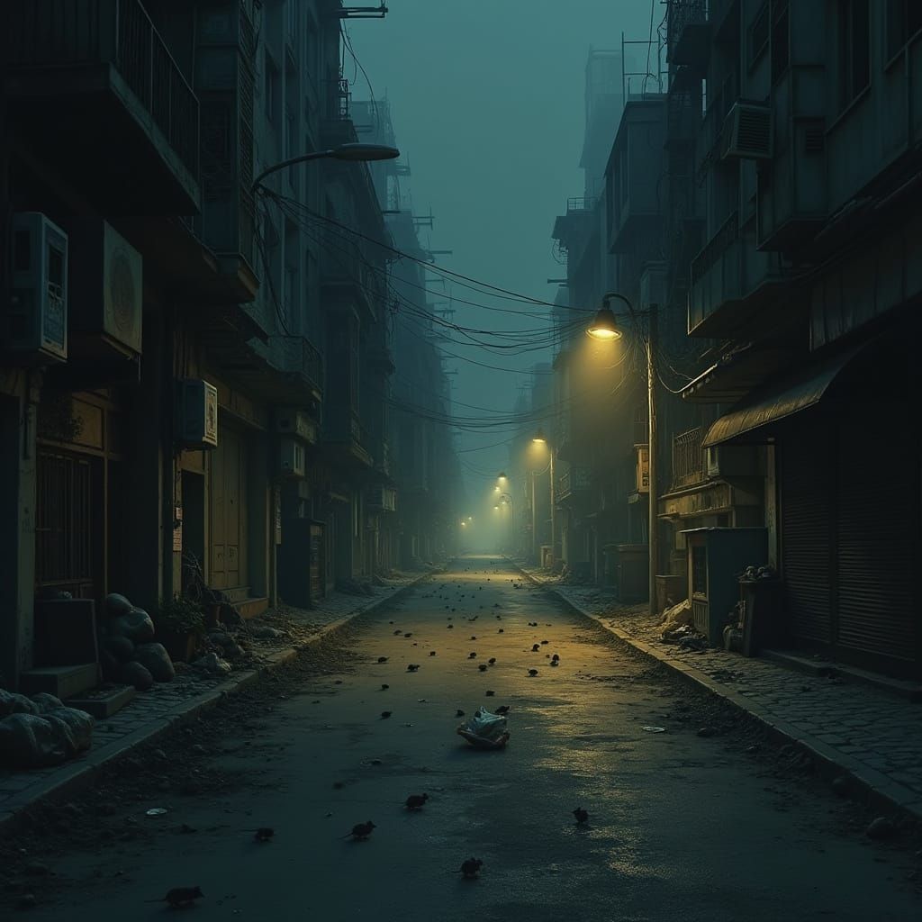 Abandoned Street at City's Edge, Flickering Shadows, and Urb...